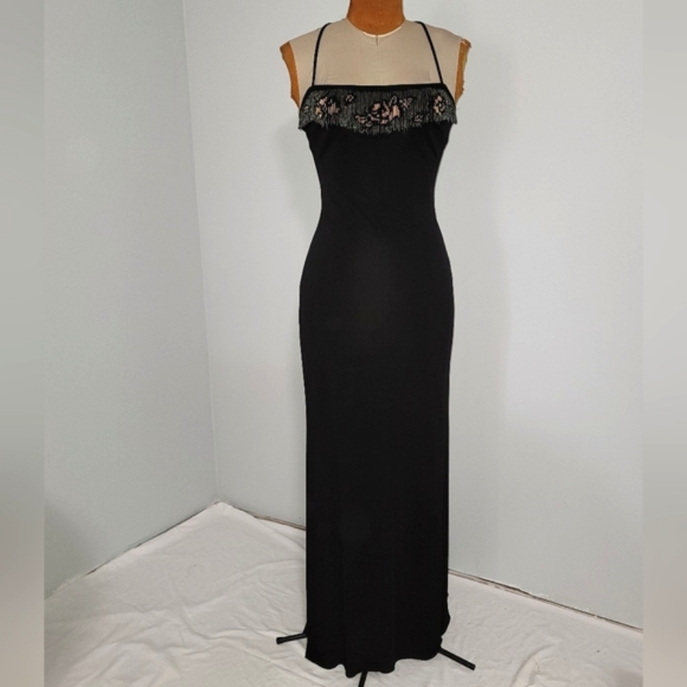 Black full-length dress with beaded fringe